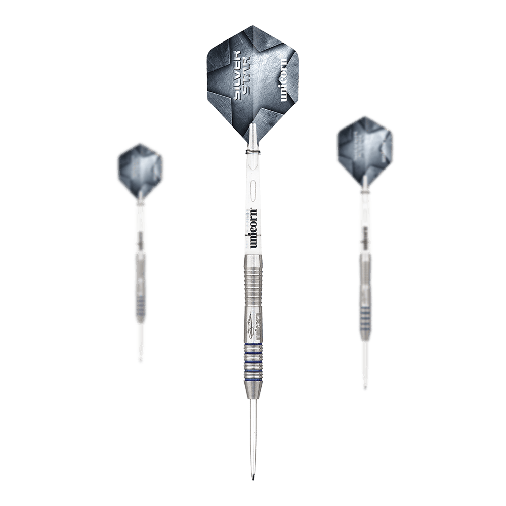 Auf dem Bild sind drei silberne Steeldarts mit schwarzen Flights zu sehen. Auf den Flights steht "Silver Star" und "Unicorn".